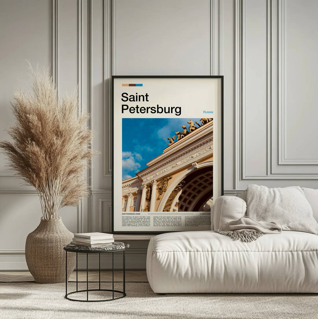 Saint Petersburg Triumphal Arch Travel Print framed on the wall of a calm, neutral bedroom