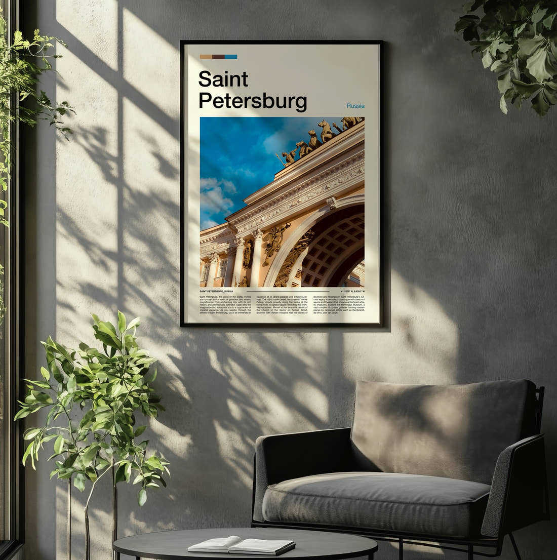 Saint Petersburg Triumphal Arch Travel Print framed on the wall of a relaxed living room