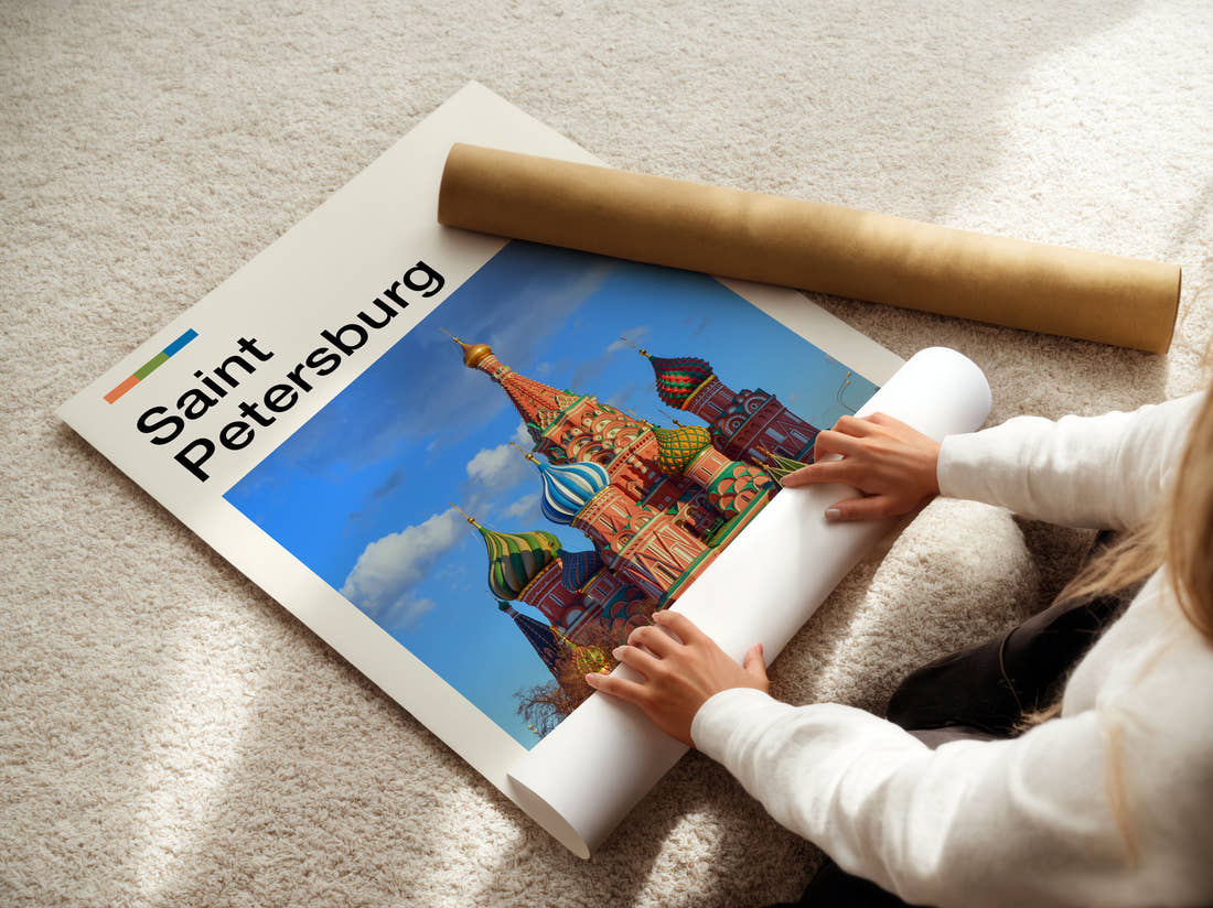 Saint Petersburg St Basil's Cathedral Travel Print being unrolled from its postal tube