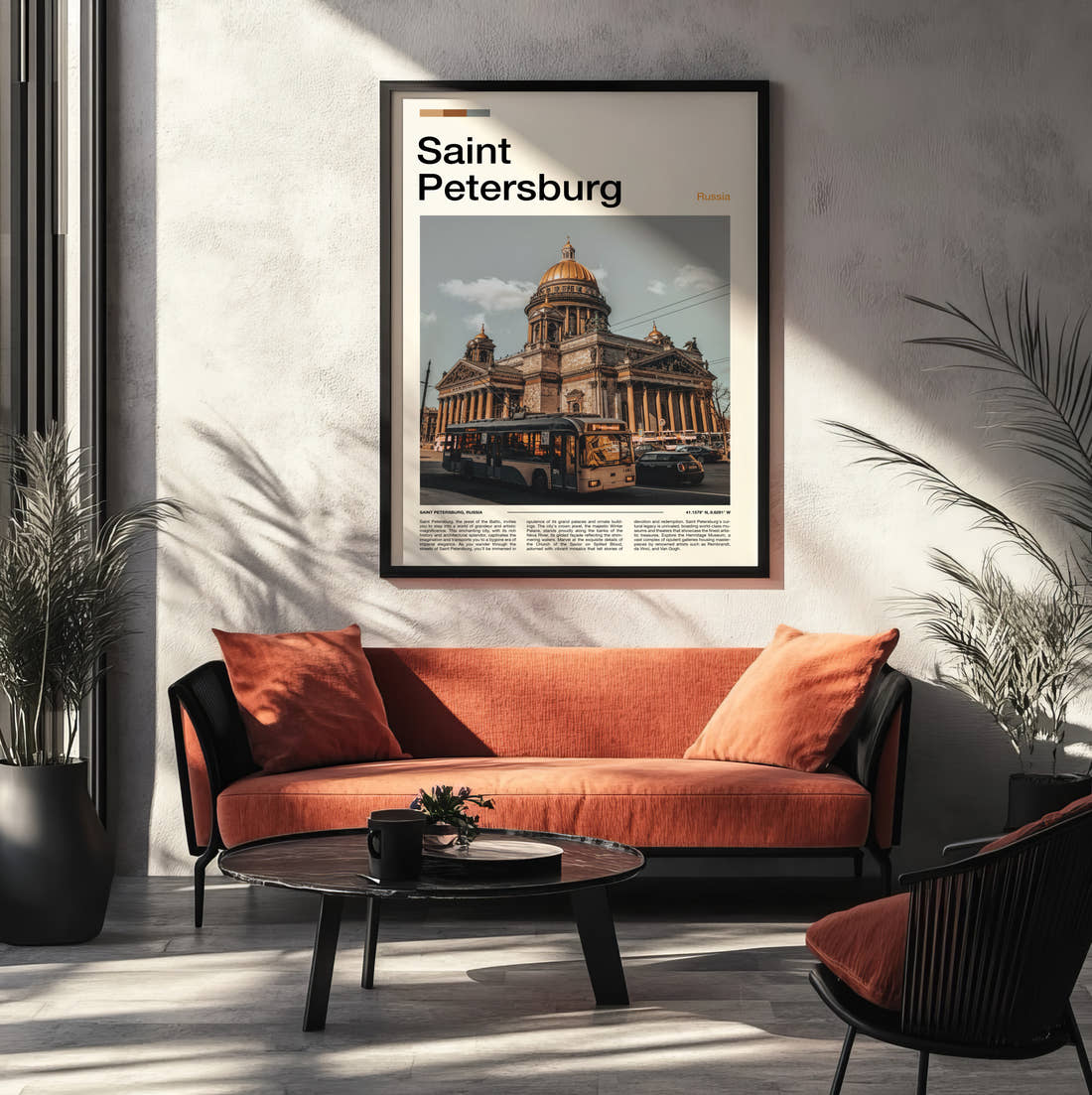 Saint Petersburg Saint Isaac's Cathedral From The Street Travel Print framed on the wall of a modern living room