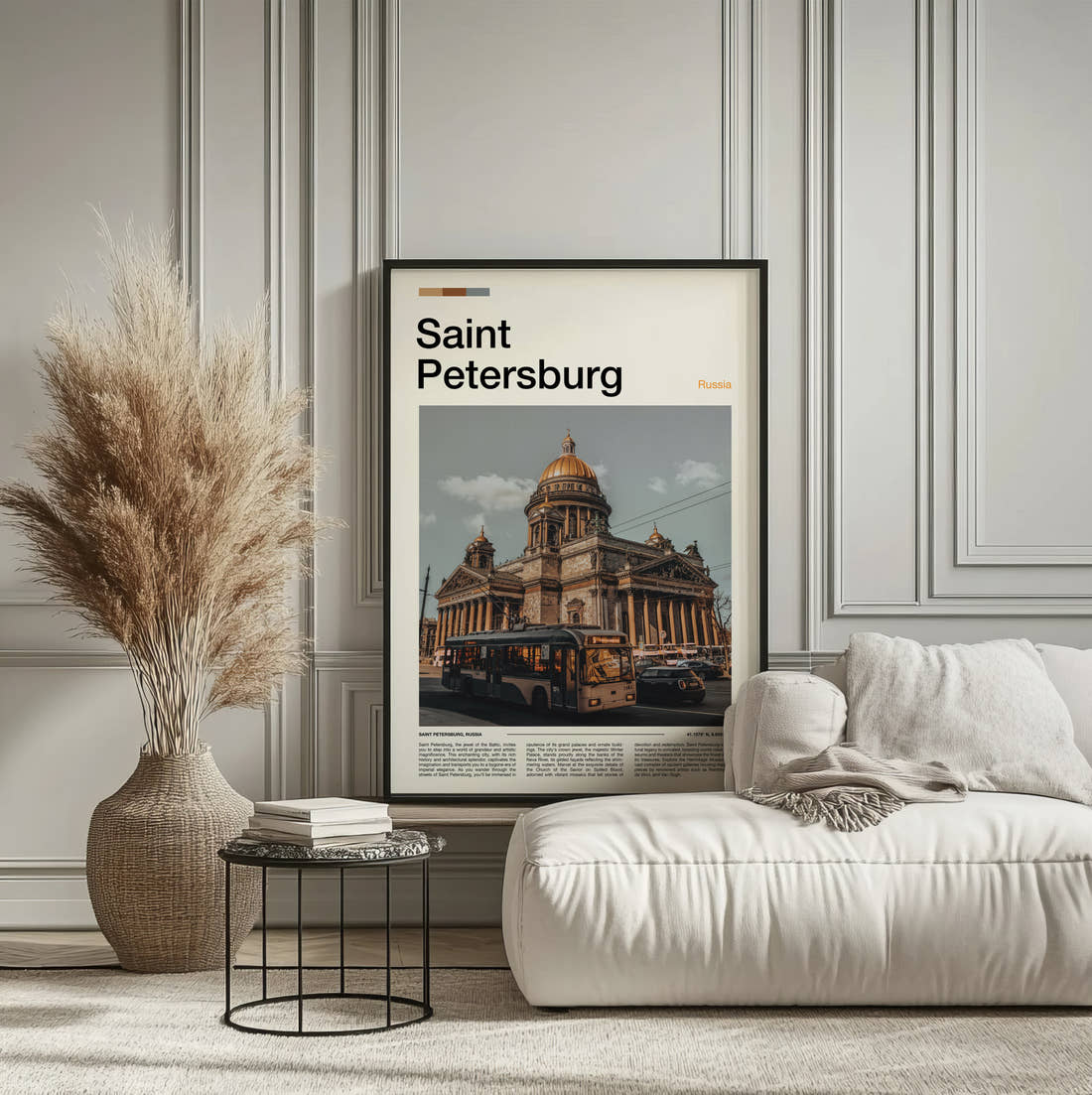 Saint Petersburg Saint Isaac's Cathedral From The Street Travel Print framed on the wall of a calm, neutral bedroom