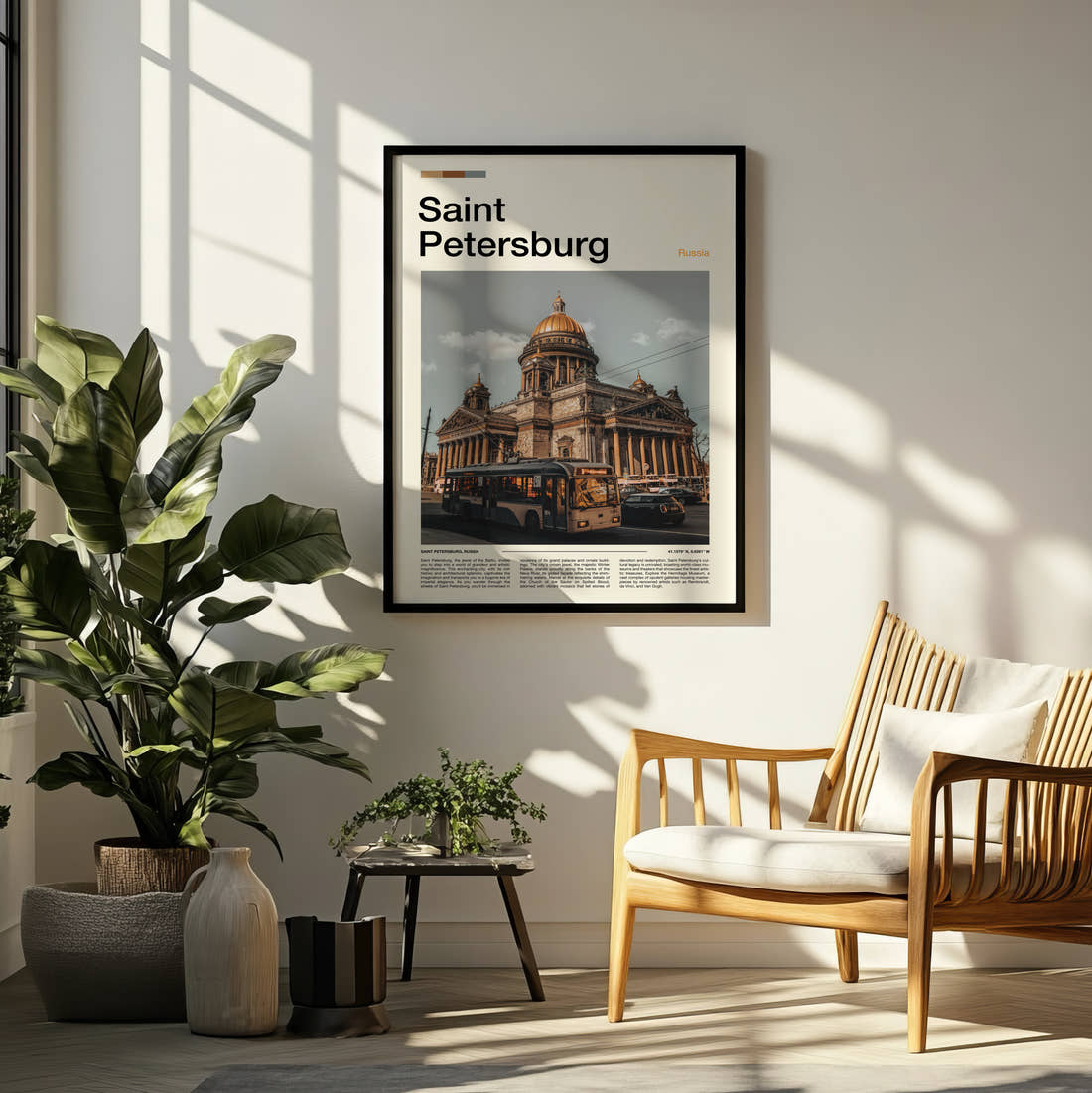 Saint Petersburg Saint Isaac's Cathedral From The Street Travel Print framed on a pale wall beside houseplants