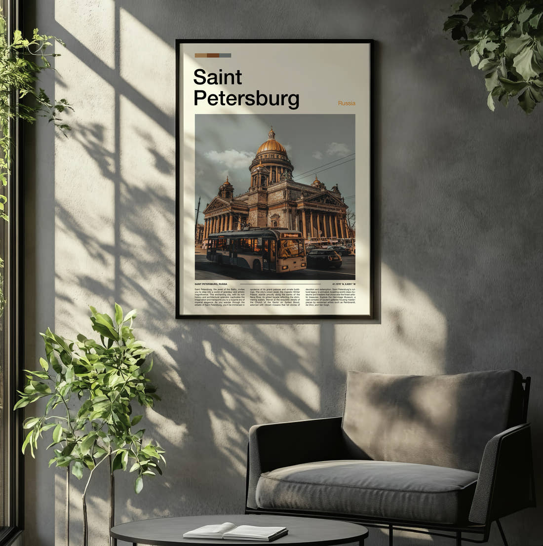 Saint Petersburg Saint Isaac's Cathedral From The Street Travel Print framed on the wall of a relaxed living room