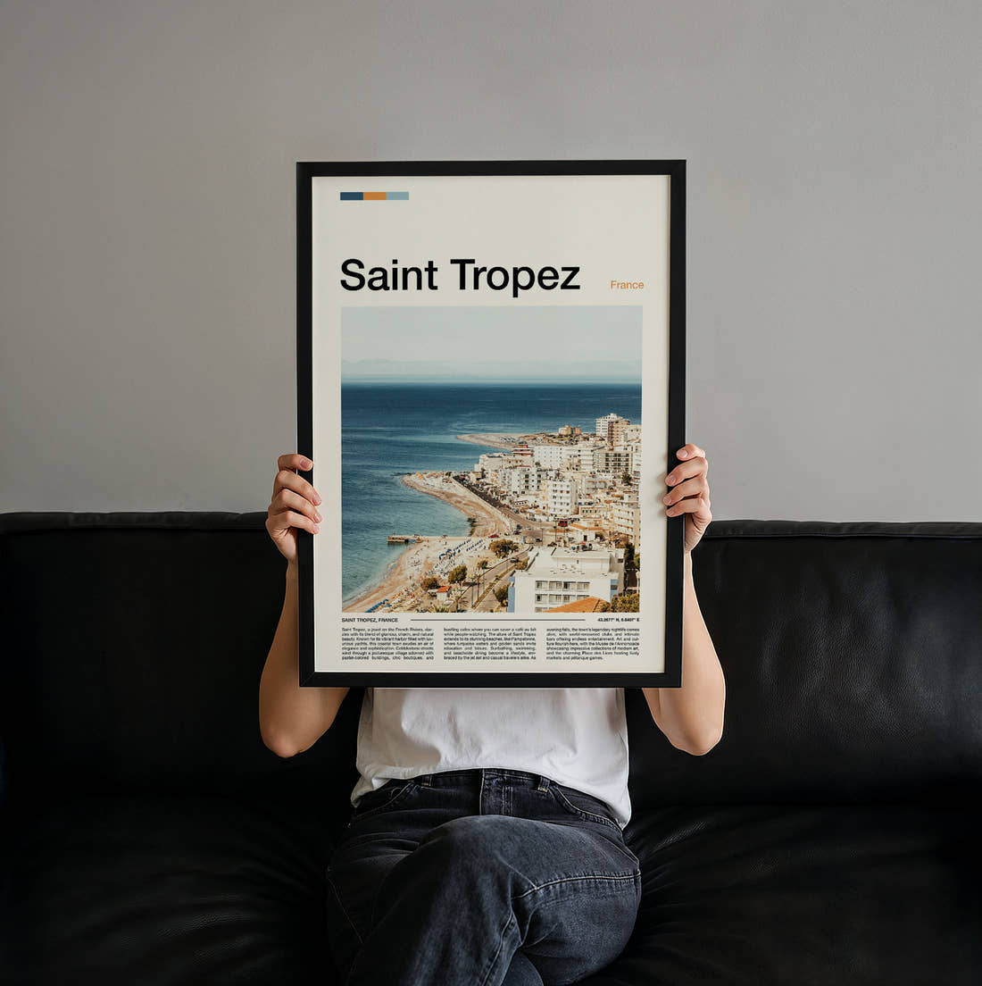 Saint Tropez Aerial Coastal View Travel Print held up by hand to show the size of the print