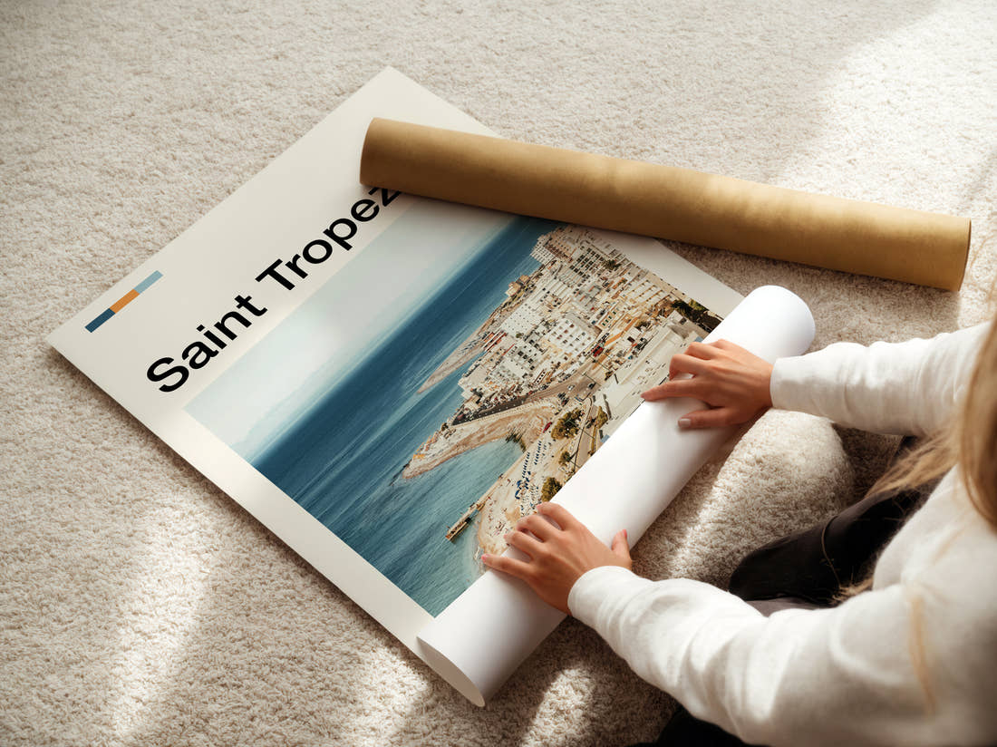 Saint Tropez Aerial Coastal View Travel Print being unrolled from its postal tube