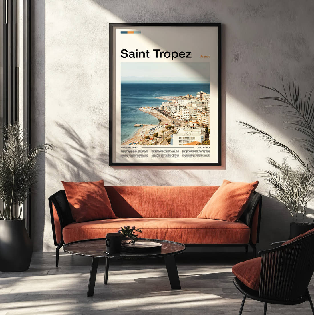 Saint Tropez Aerial Coastal View Travel Print framed on the wall of a modern living room
