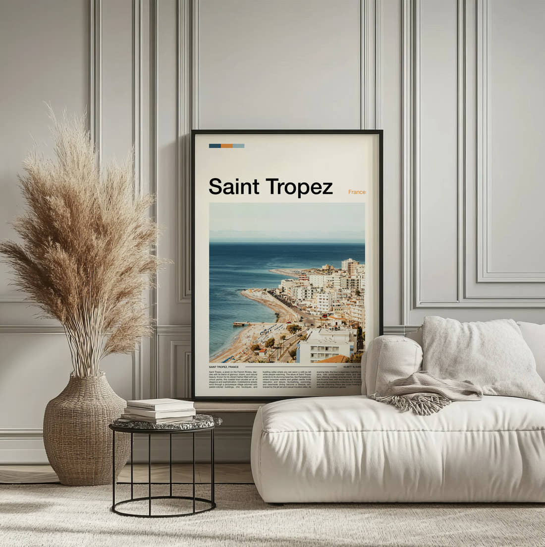 Saint Tropez Aerial Coastal View Travel Print framed on the wall of a calm, neutral bedroom