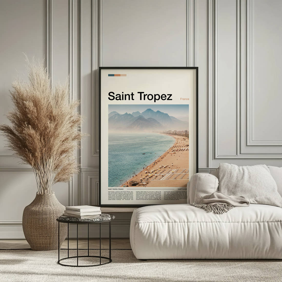 Saint Tropez Beach And Sun Loungers Travel Print framed on the wall of a calm, neutral bedroom