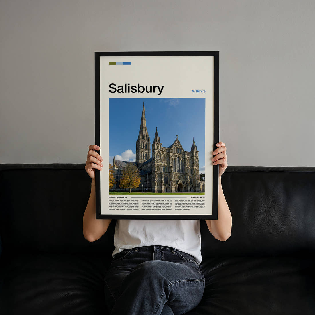 Salisbury Gothic Cathedral Spire Travel Print held up by hand to show the size of the print