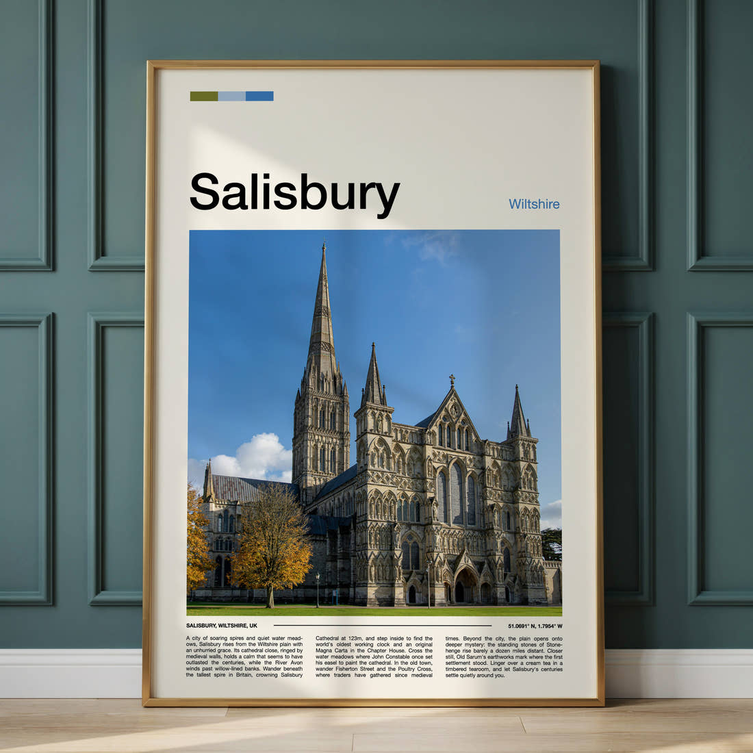 Salisbury Gothic Cathedral Spire Travel Print framed on the wall of a calm, neutral bedroom