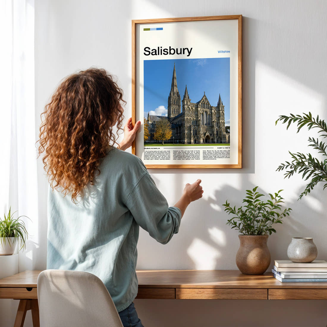 Salisbury Gothic Cathedral Spire Travel Print framed on a pale wall beside houseplants