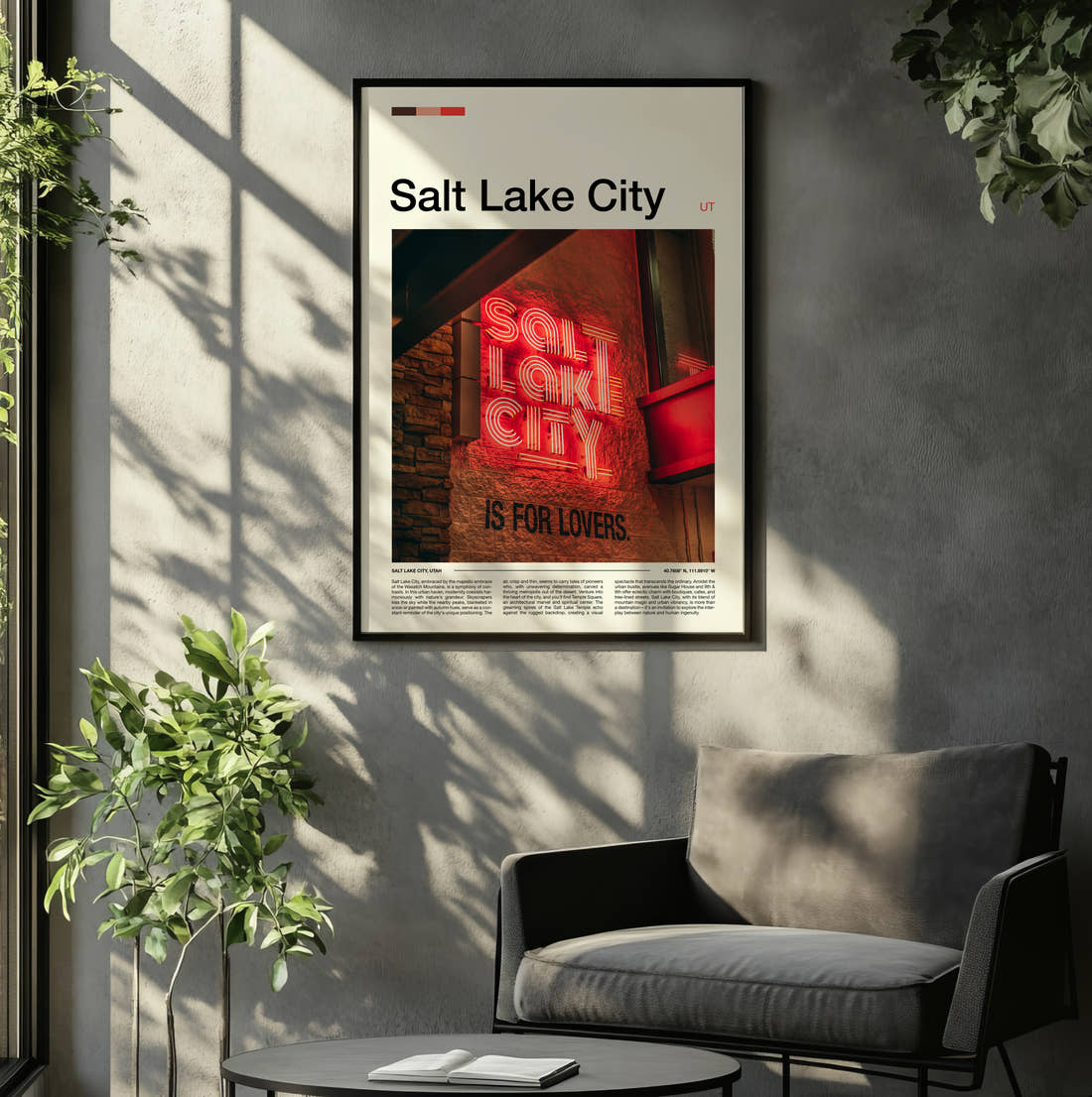 Salt Lake City Neon Sign Travel Print framed on the wall of a relaxed living room