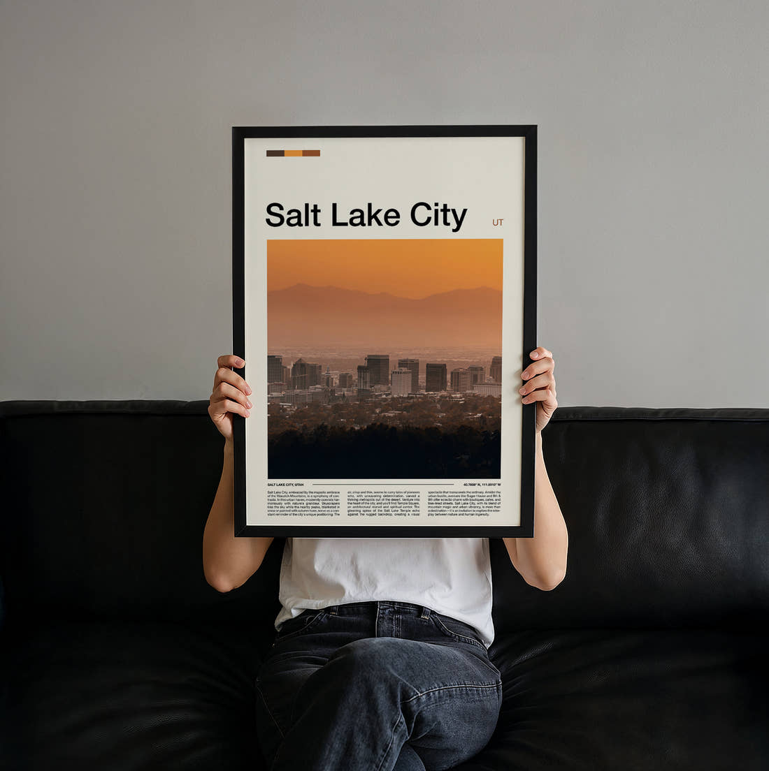 Salt Lake City Hazy Skyline At Sunset Travel Print held up by hand to show the size of the print