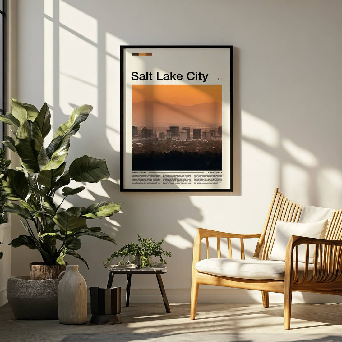 Salt Lake City Hazy Skyline At Sunset Travel Print framed on a pale wall beside houseplants
