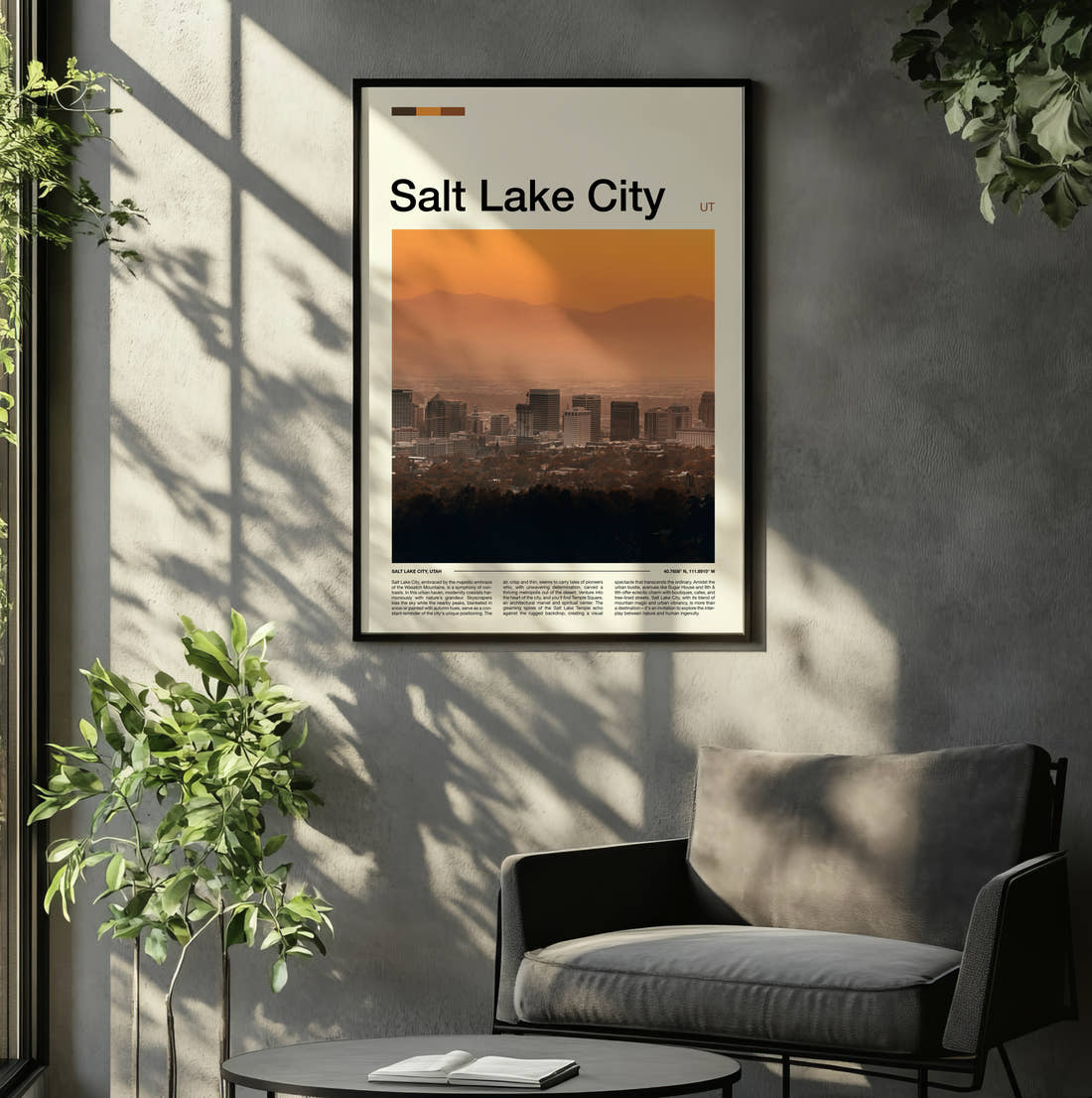 Salt Lake City Hazy Skyline At Sunset Travel Print framed on the wall of a relaxed living room