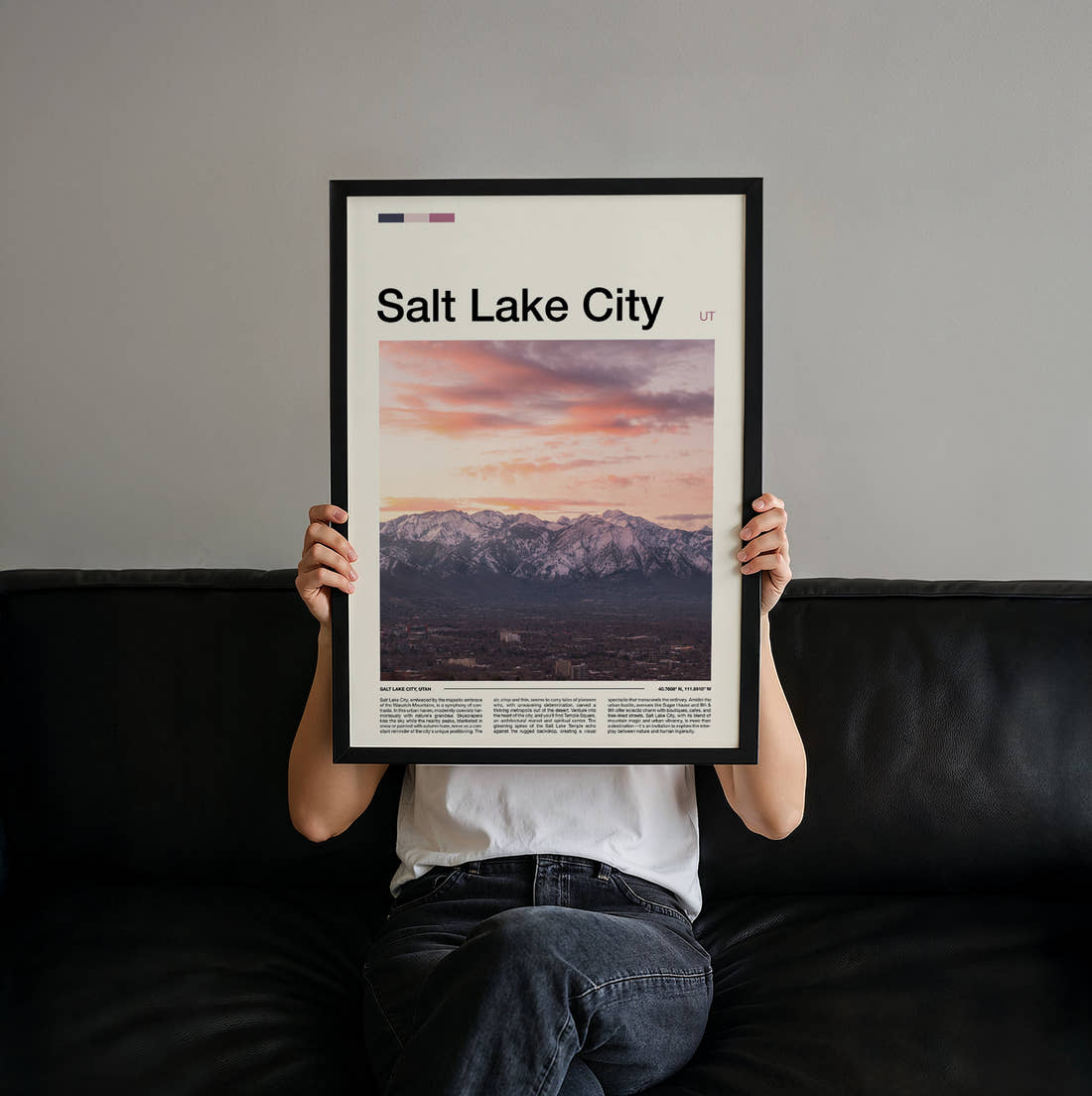 Salt Lake City Snowy Mountains At Sunset Travel Print held up by hand to show the size of the print