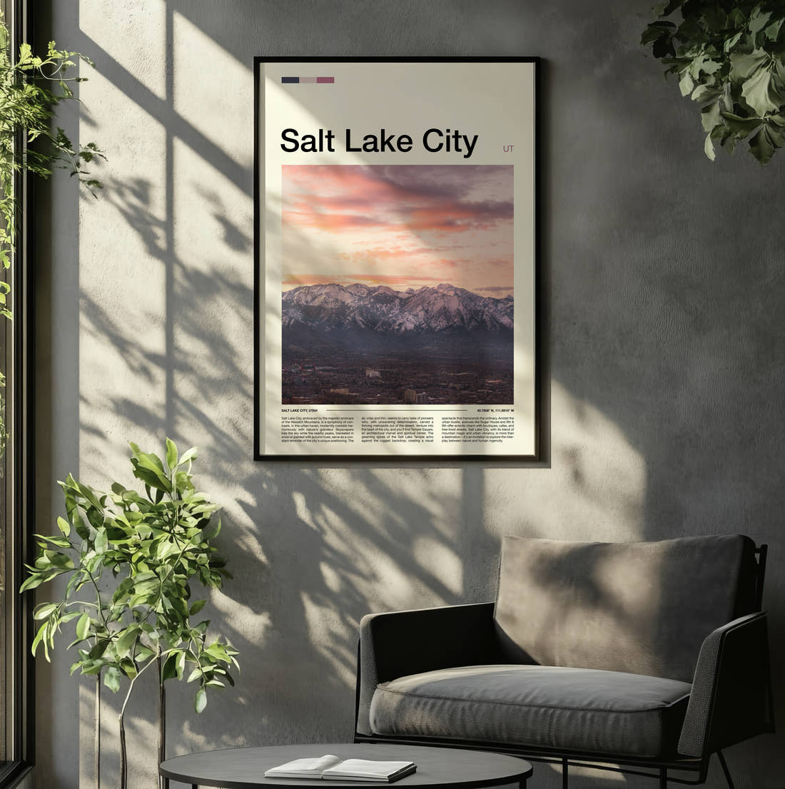 Salt Lake City Snowy Mountains At Sunset Travel Print framed on the wall of a relaxed living room