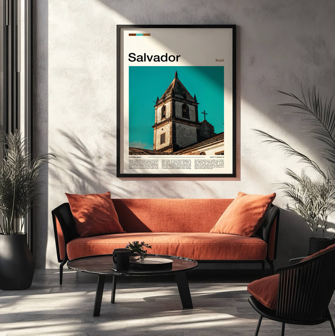 Salvador Church Bell Tower Travel Print framed on the wall of a modern living room