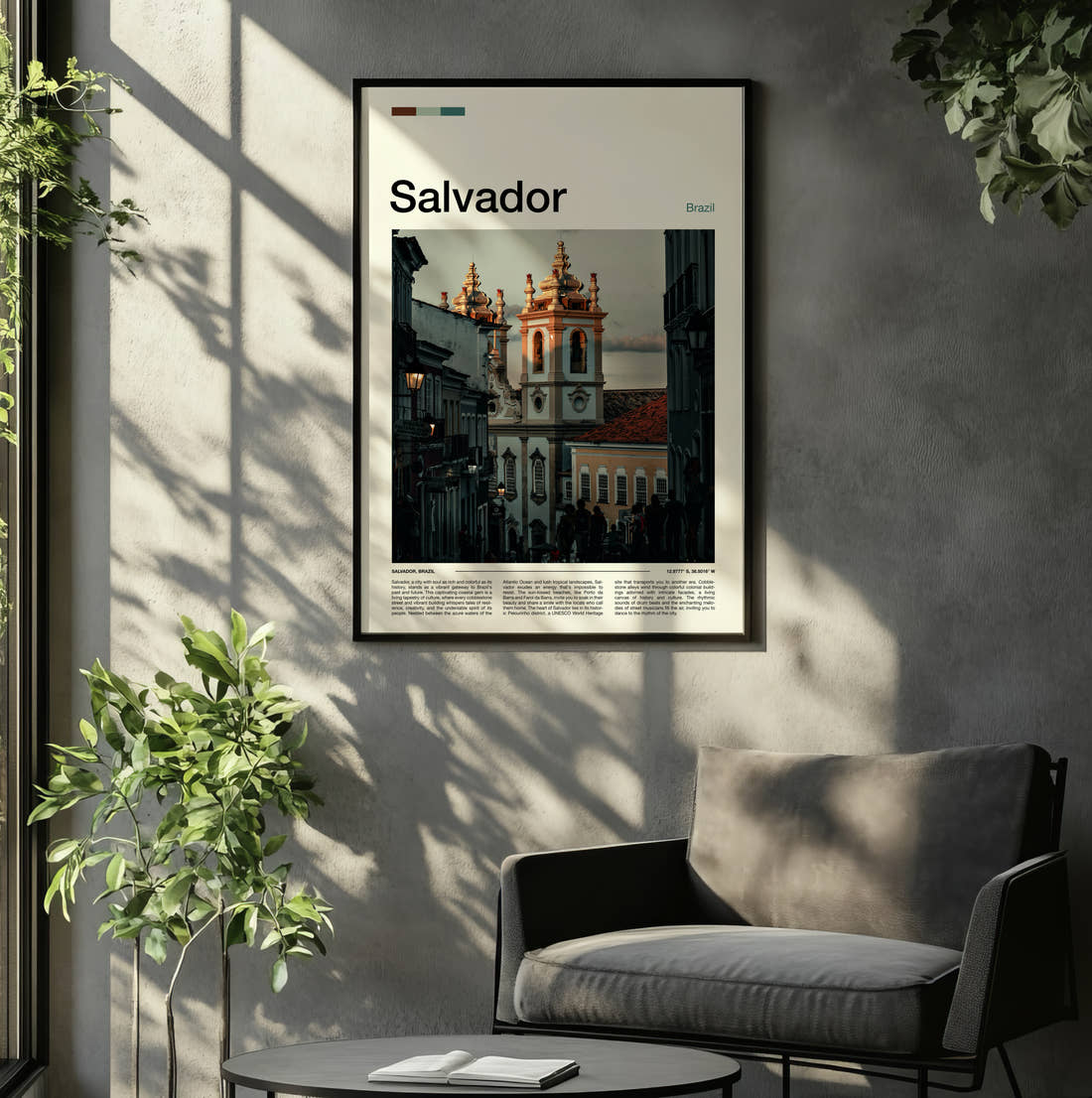 Salvador Colonial Church Towers Travel Print framed on the wall of a relaxed living room