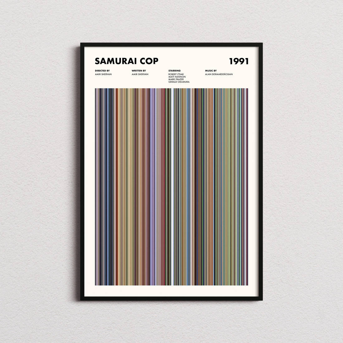 Samurai Cop Movie Barcode Poster framed on a plain studio wall