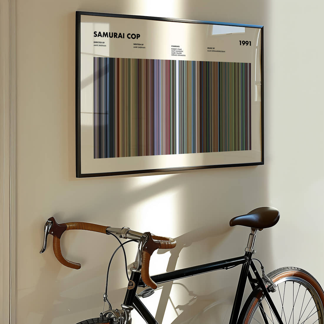 Samurai Cop Movie Barcode Poster framed on the wall of a styled room setting