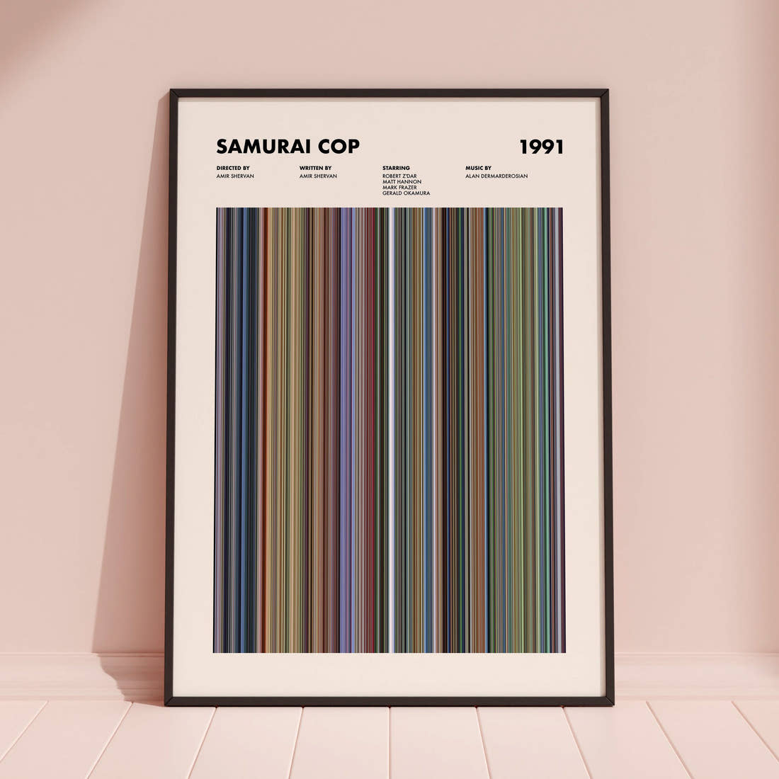 Samurai Cop Movie Barcode Poster framed and leaning against a coloured wall
