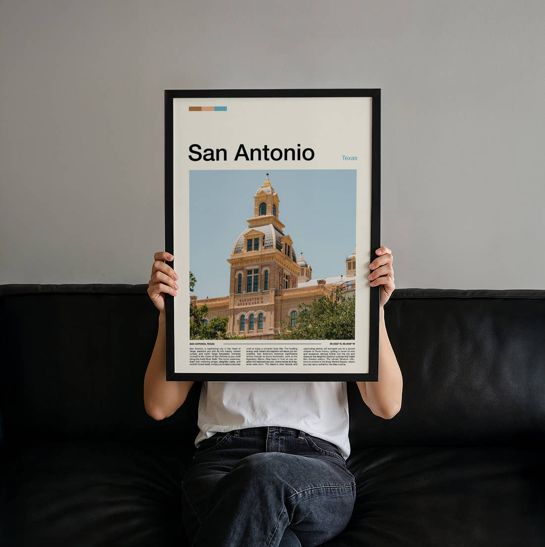San Antonio Historic Clock Tower Travel Print held up by hand to show the size of the print