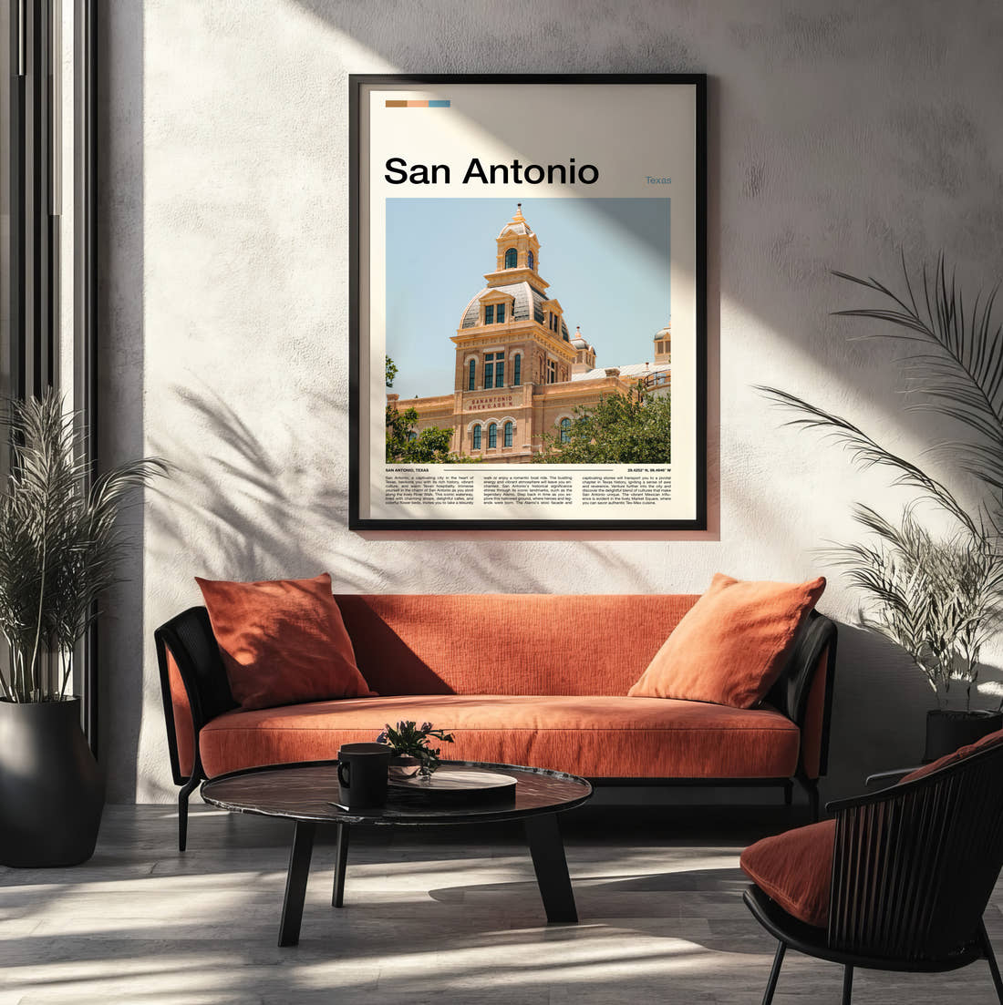 San Antonio Historic Clock Tower Travel Print framed on the wall of a modern living room