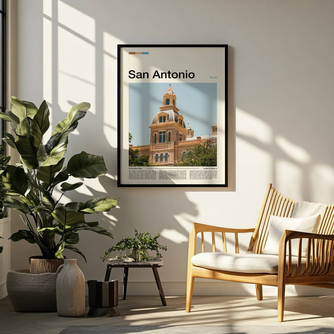 San Antonio Historic Clock Tower Travel Print framed on a pale wall beside houseplants