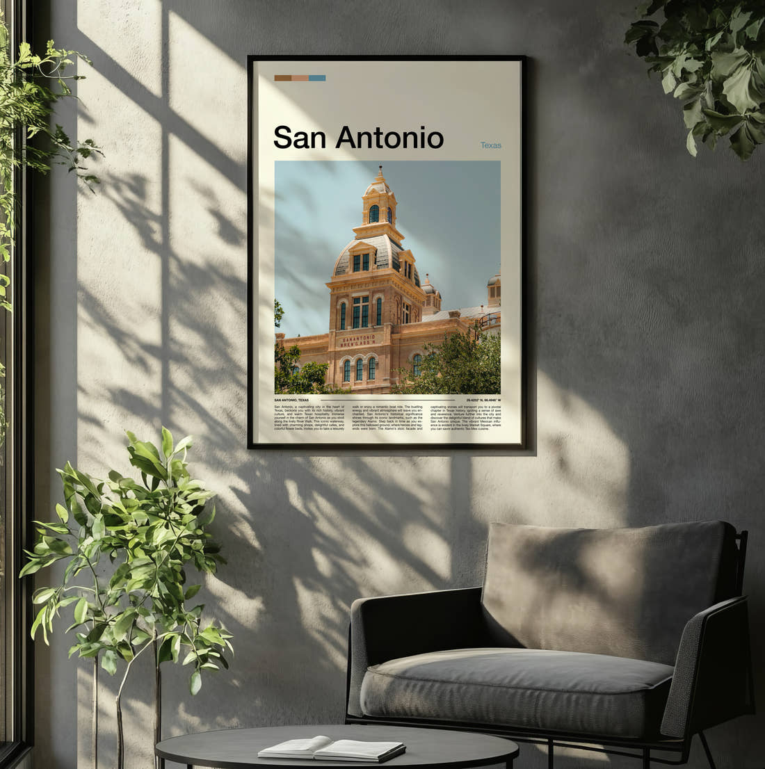 San Antonio Historic Clock Tower Travel Print framed on the wall of a relaxed living room