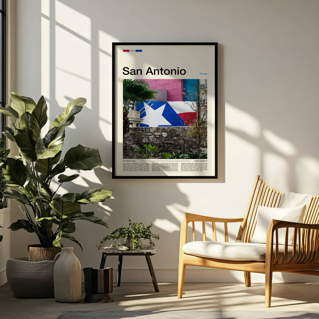 San Antonio Texas Flag Mural Travel Print framed on a pale wall beside houseplants