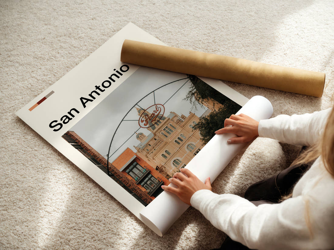San Antonio Pearl Brewery Sign Travel Print being unrolled from its postal tube