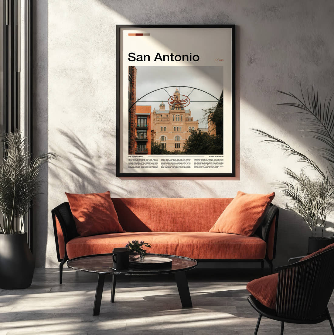 San Antonio Pearl Brewery Sign Travel Print framed on the wall of a modern living room