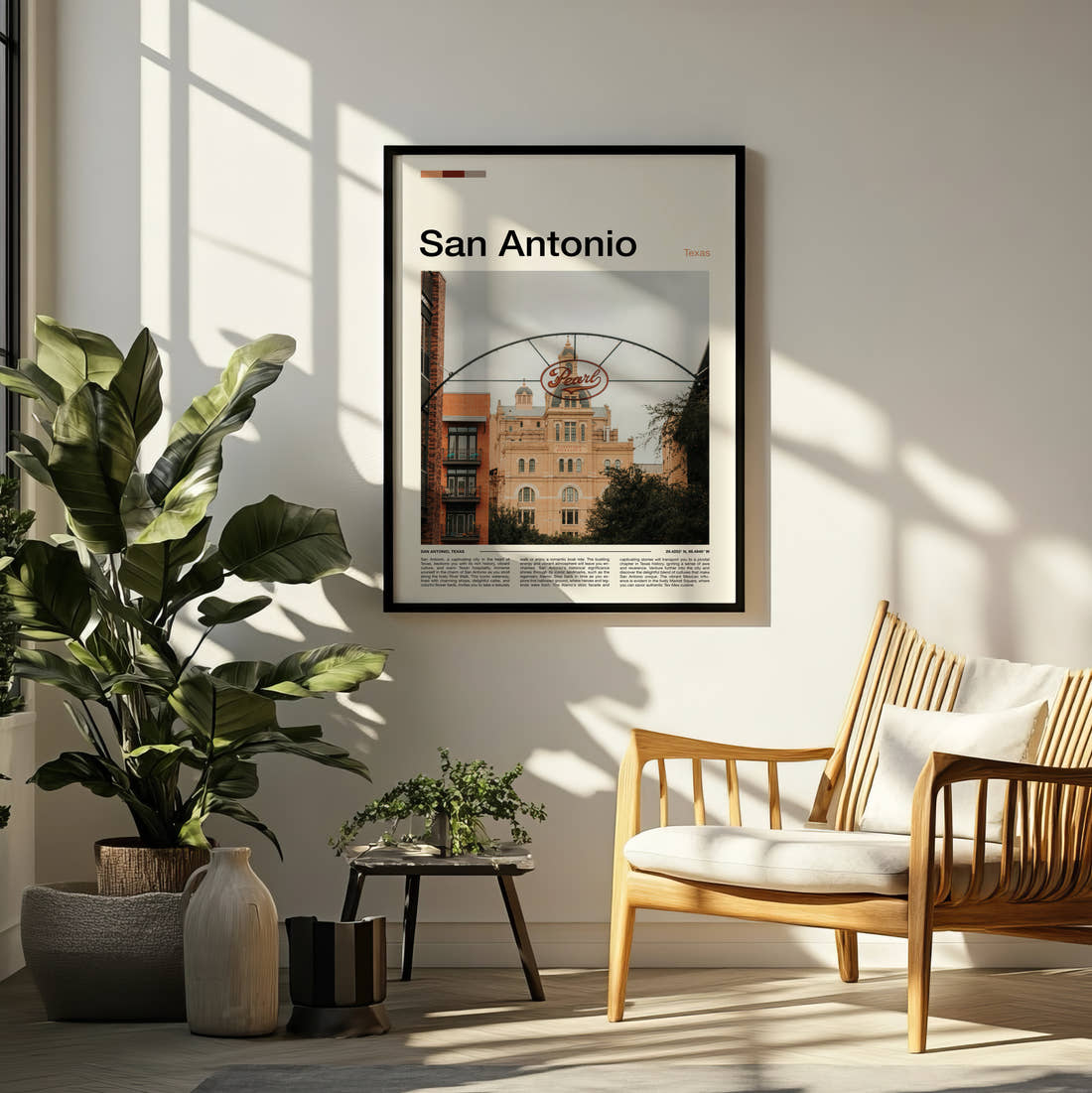 San Antonio Pearl Brewery Sign Travel Print framed on a pale wall beside houseplants