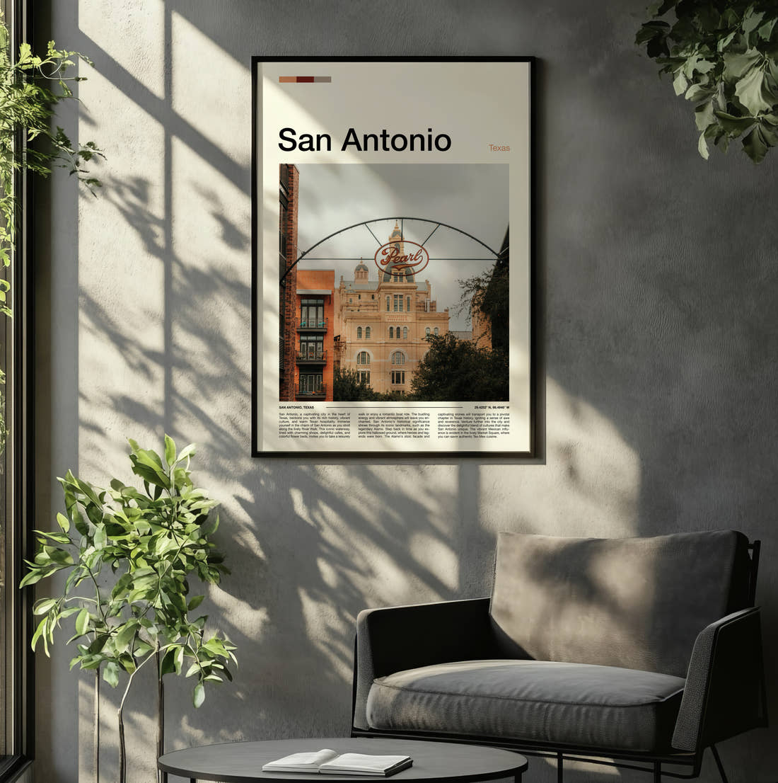 San Antonio Pearl Brewery Sign Travel Print framed on the wall of a relaxed living room