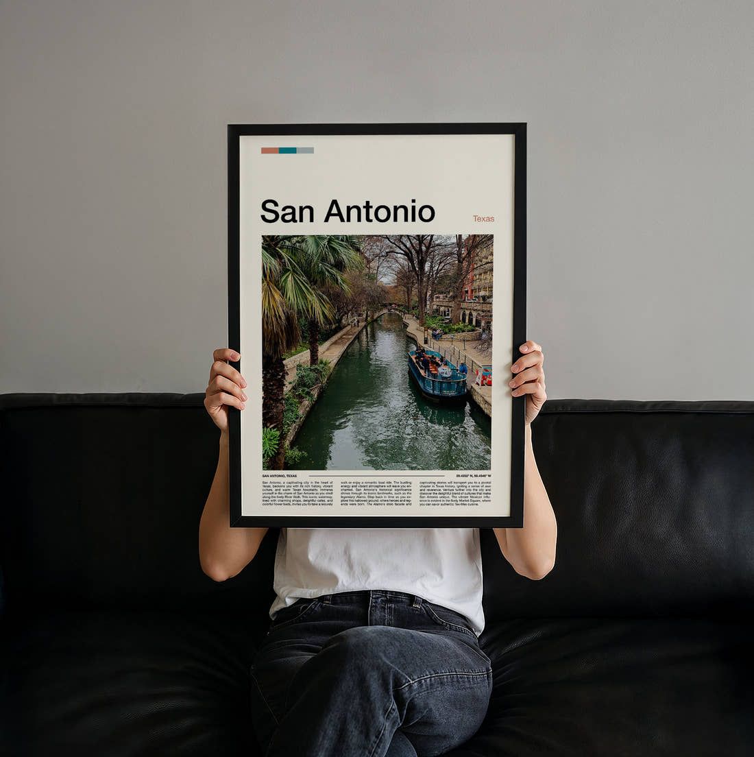 San Antonio River Walk Travel Print held up by hand to show the size of the print