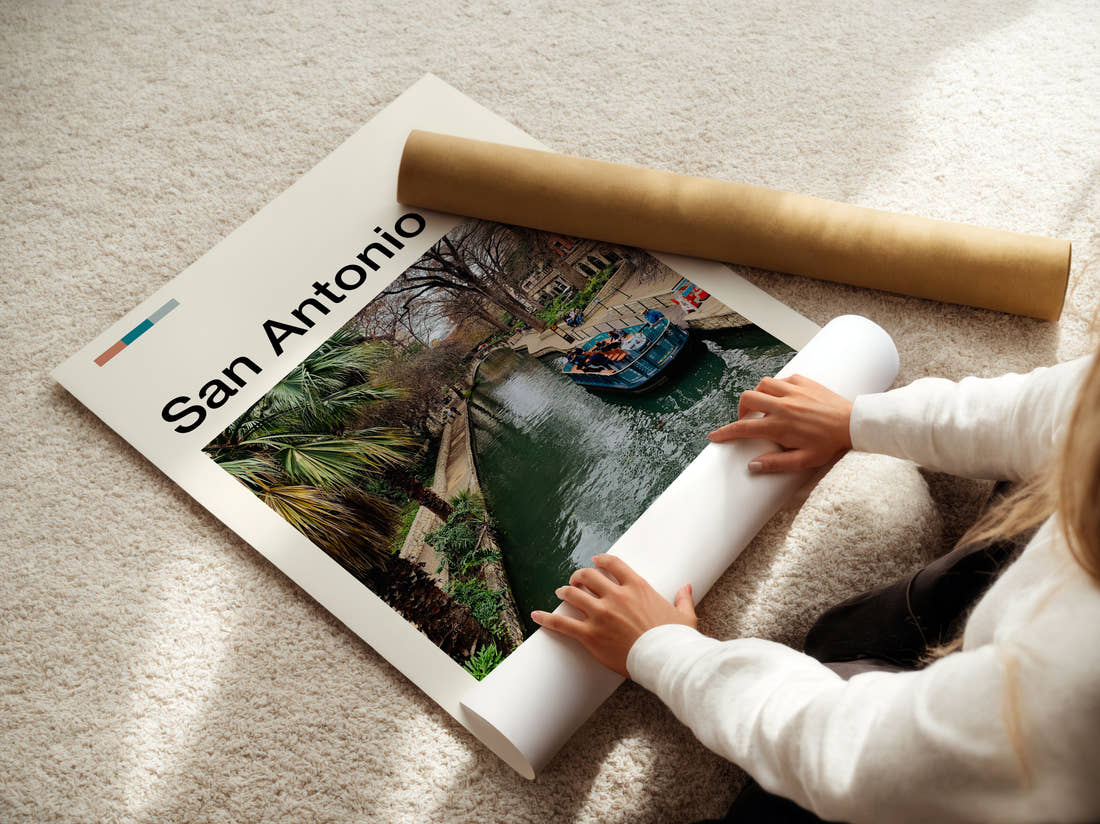 San Antonio River Walk Travel Print being unrolled from its postal tube