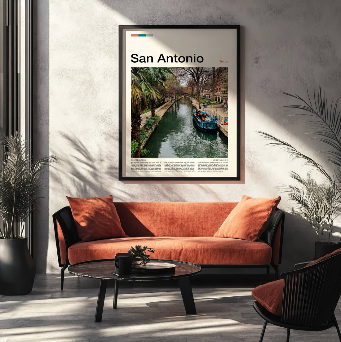 San Antonio River Walk Travel Print framed on the wall of a modern living room