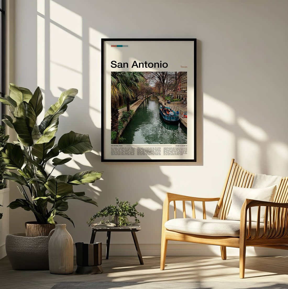 San Antonio River Walk Travel Print framed on a pale wall beside houseplants