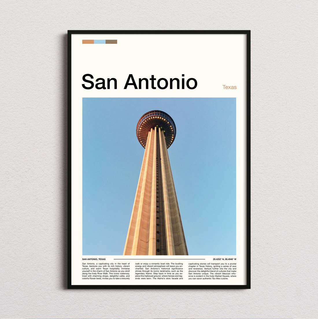 San Antonio Tower Of The Americas Looking Up Travel Print framed and photographed straight on