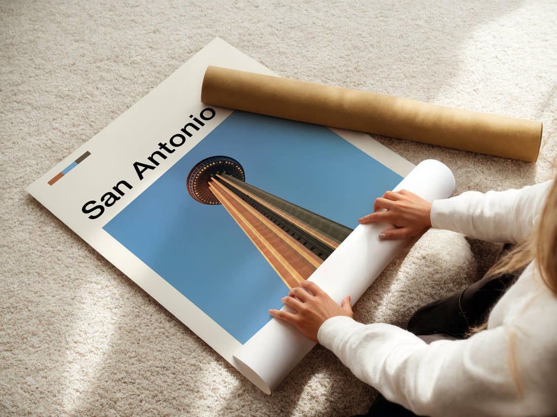 San Antonio Tower Of The Americas Looking Up Travel Print being unrolled from its postal tube