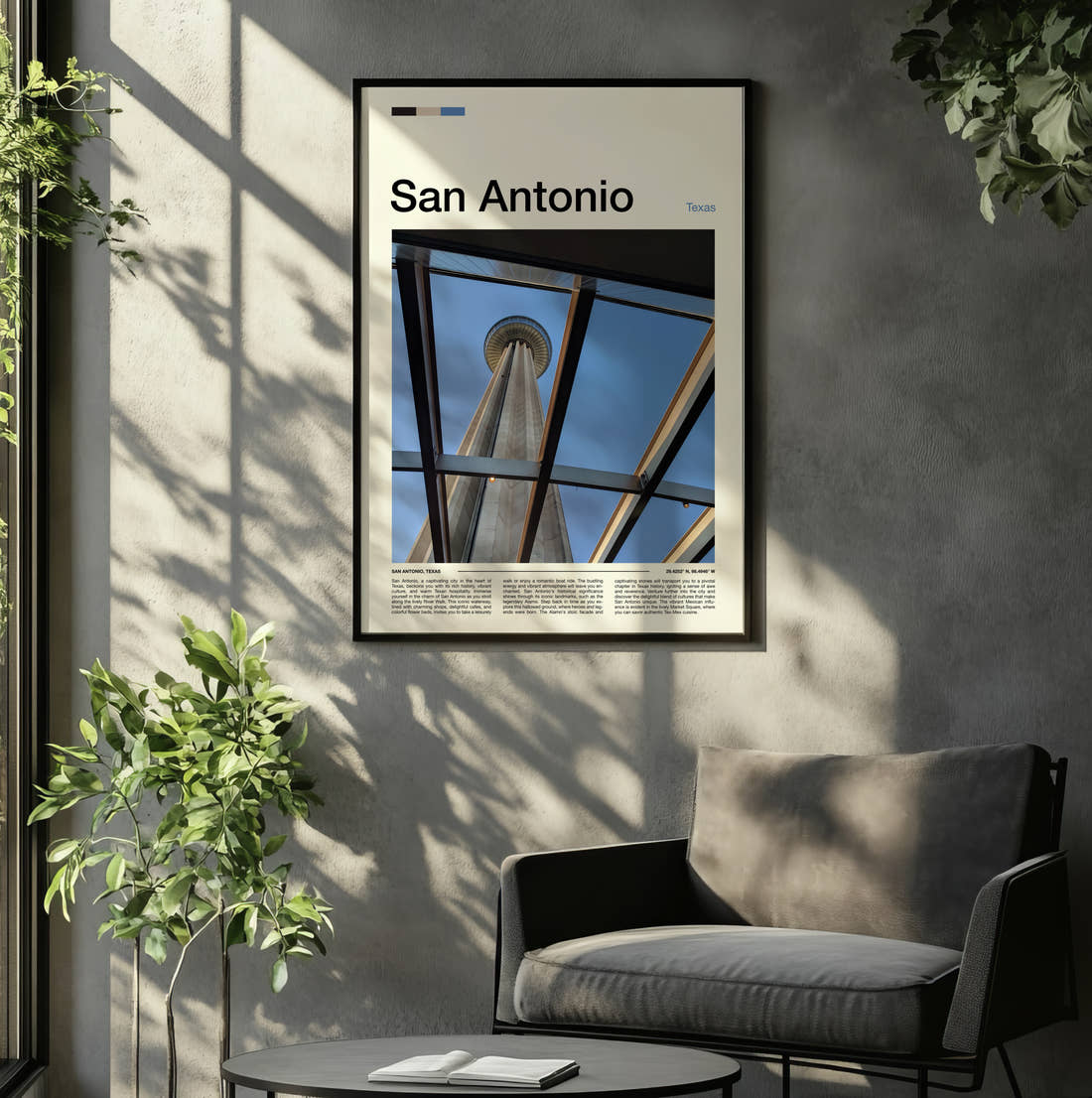 San Antonio Tower Of The Americas Through Glass Travel Print framed on the wall of a relaxed living room