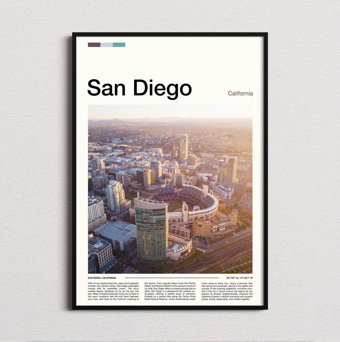 San Diego Aerial City View Travel Print framed and photographed straight on