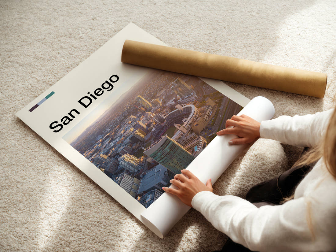 San Diego Aerial City View Travel Print being unrolled from its postal tube