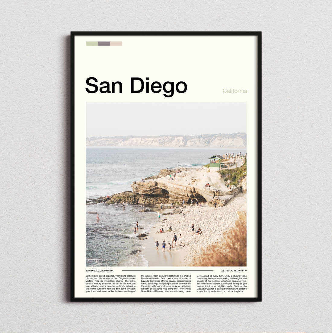 San Diego Beach And Cliffs Travel Print framed and photographed straight on