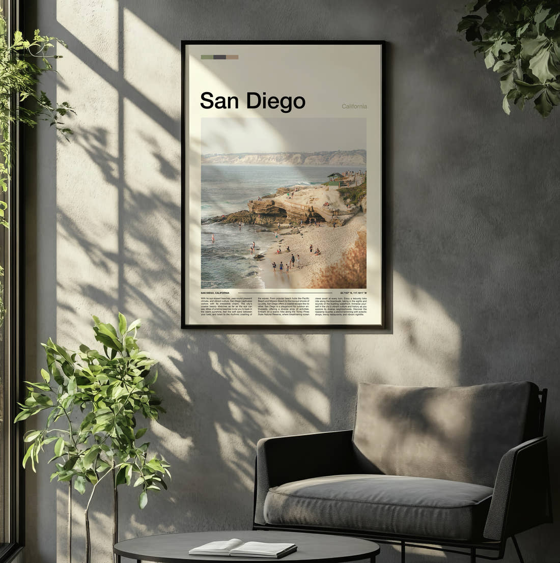 San Diego Beach And Cliffs Travel Print framed on the wall of a relaxed living room