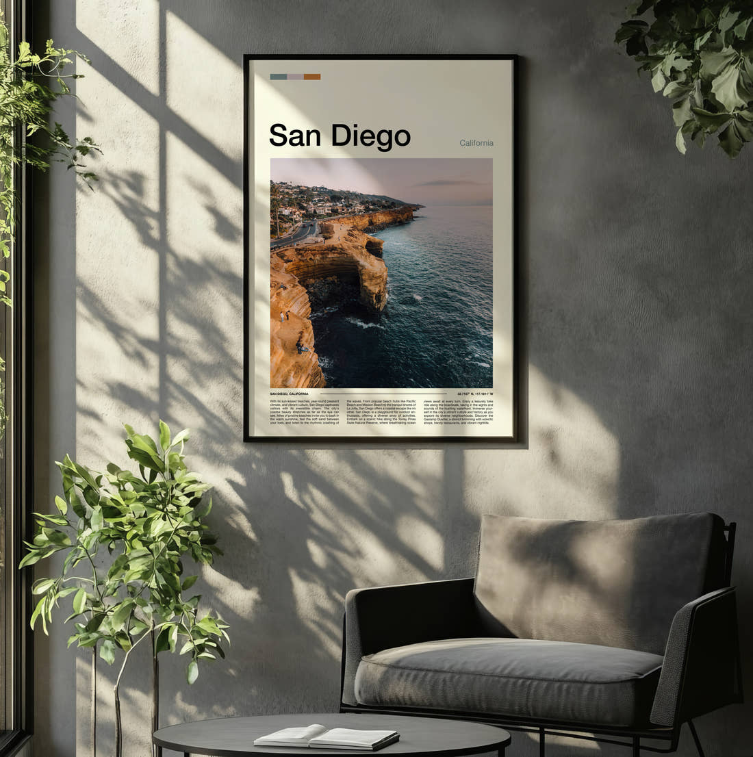 San Diego Coastal Cliffs Travel Print framed on the wall of a relaxed living room