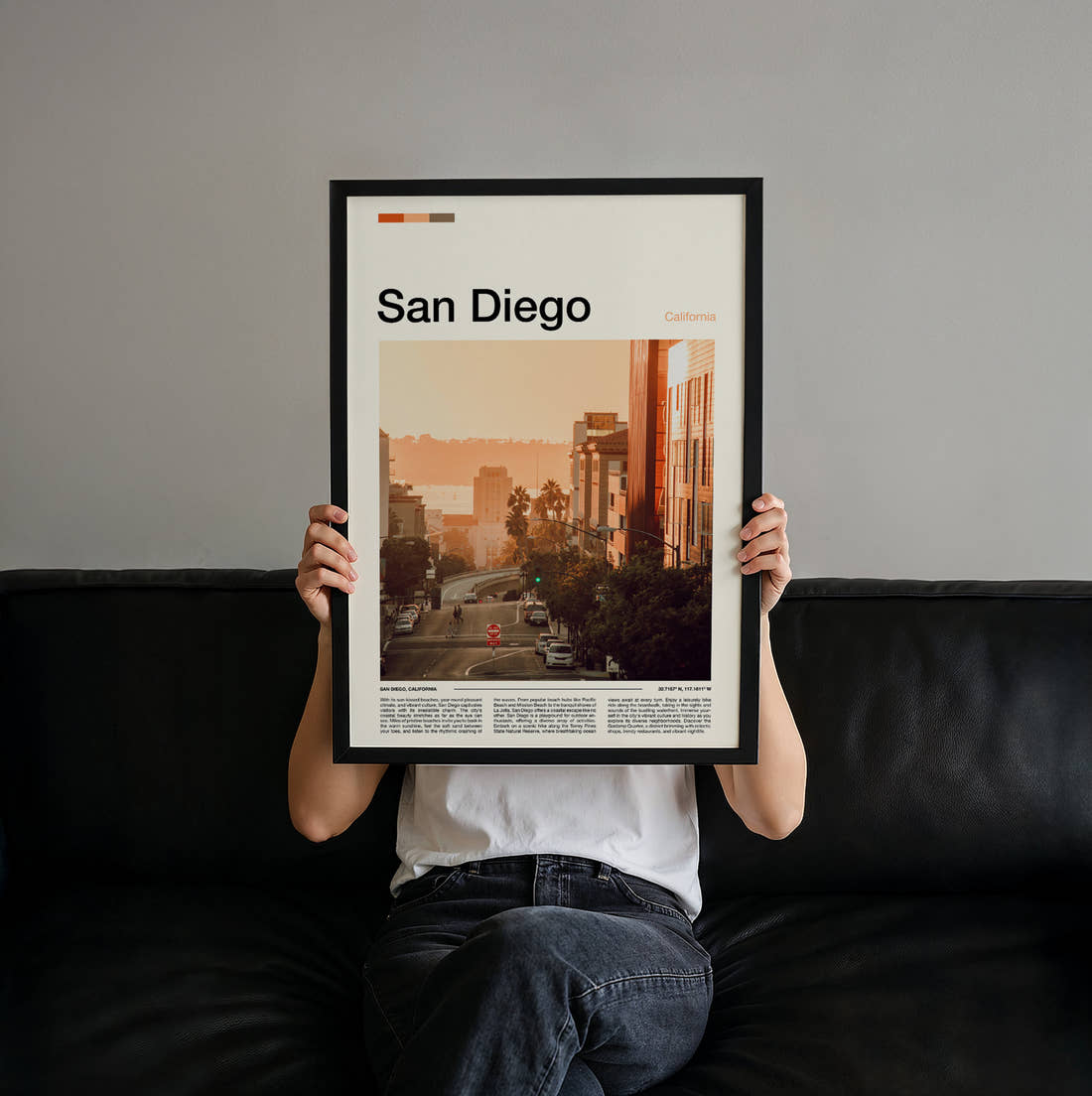 San Diego Hazy City Street Travel Print held up by hand to show the size of the print