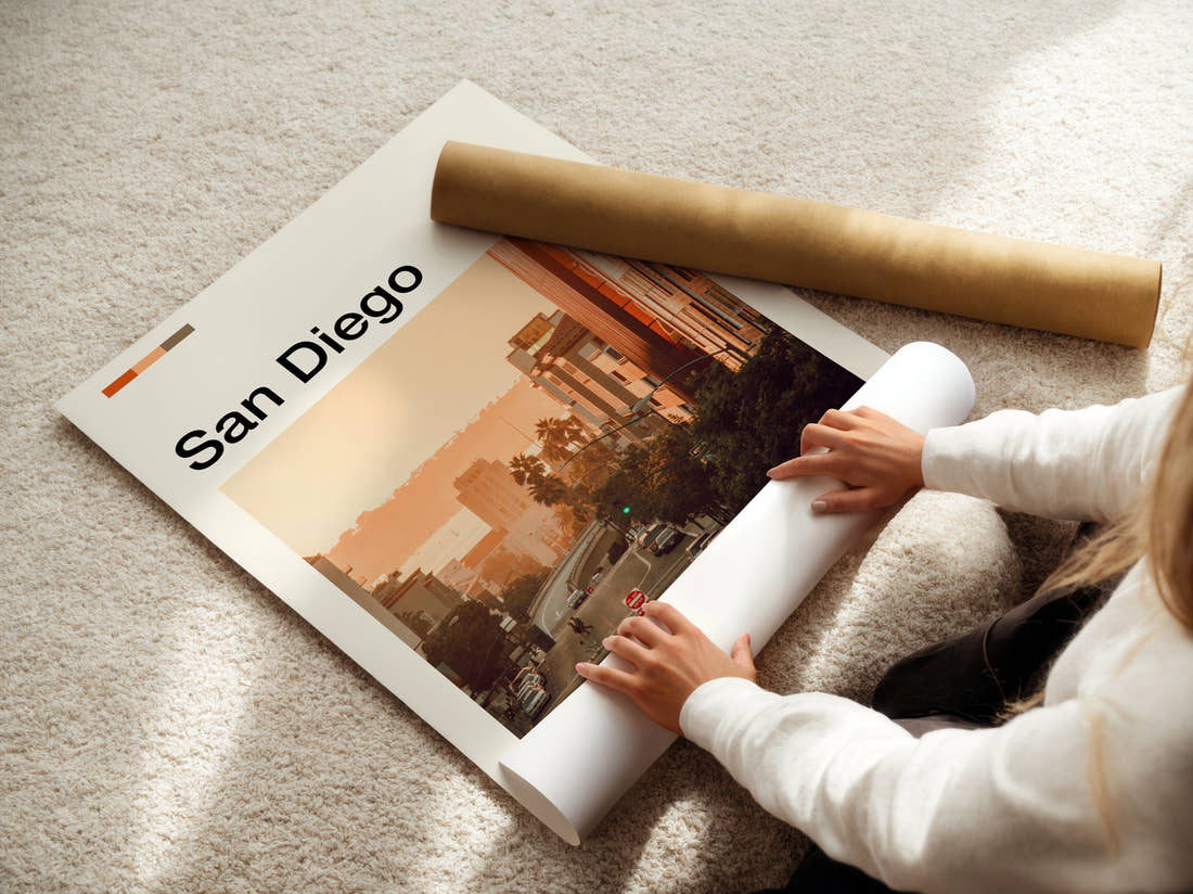 San Diego Hazy City Street Travel Print being unrolled from its postal tube