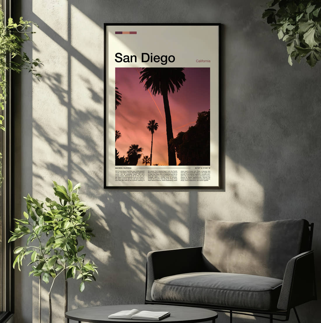 San Diego Palm Trees At Dusk Travel Print framed on the wall of a relaxed living room